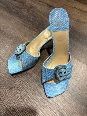 Stuart Weitzman Light Blue Snake-Embossed Buckle Mule Heels